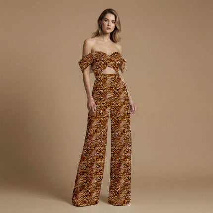 warm tan animal print fabric draped — palazzo suit styling