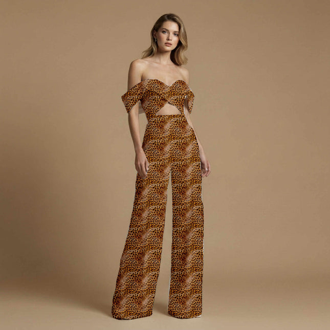 warm tan animal print fabric draped — palazzo suit styling