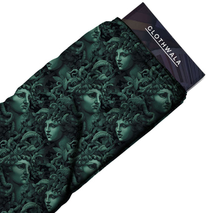 teal green floral fabric detail — digital print closeup