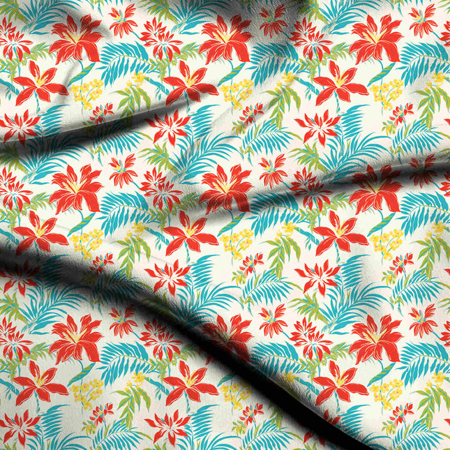poppy red tropical digital print fabric texture — medium scale closeup