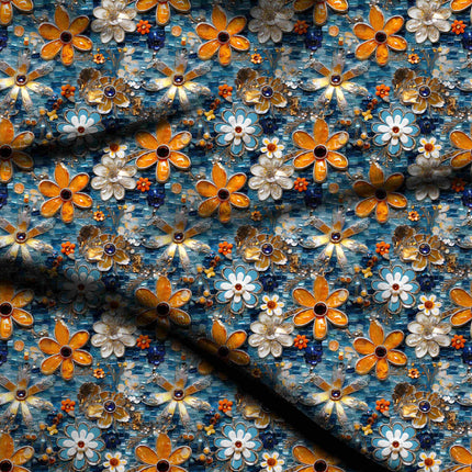golden yellow floral digital print fabric texture — large scale closeup
