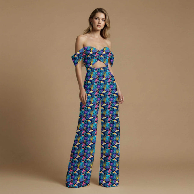 electric cyan tropical print fabric draped — co-ord set styling