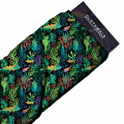 teal tropical fabric detail — matte finish digital print closeup