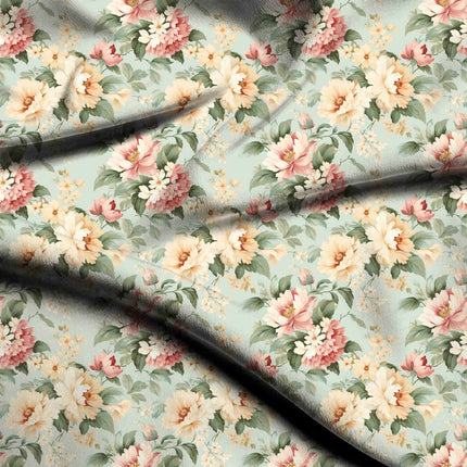 Mint Green Floral Digital Print Fabric for Dress | Wedding Fabric - 5238