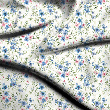 cornflower blue floral digital print fabric texture — medium scale closeup