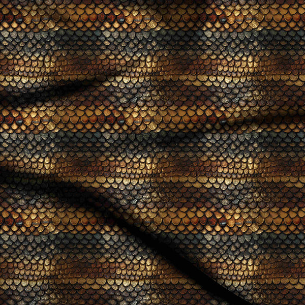 Antique Gold Dense Overlapping Metallic Dragon Scale Print Fabric