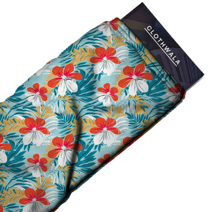 vermilion tropical print fabric draped — palazzo suit styling