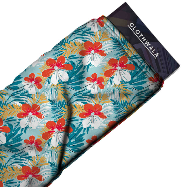 vermilion tropical print fabric draped — palazzo suit styling