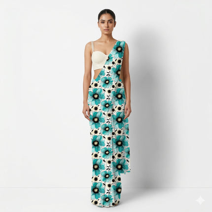 Teal Blue Floral Digital Print Fabric for Dress | Abstract Luxe Wear - Image 6