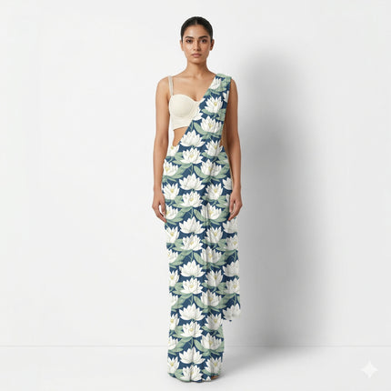 Deep Navy Floral Digital Print Fabric for Saree | Opulent Garden Party - Image 9