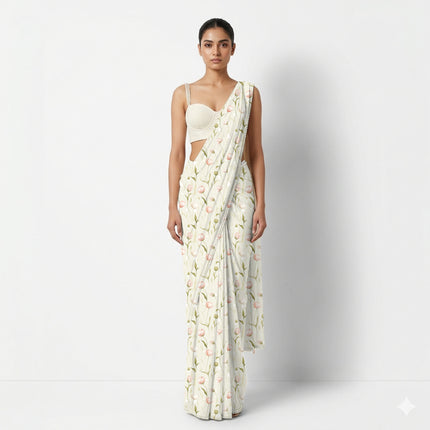 Ivory Cream Floral Digital Print Fabric for Lehenga | Opulent Festive Wear - Image 7