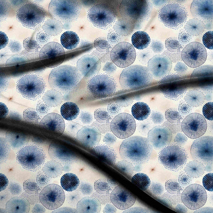 cobalt blue floral digital print fabric texture — medium scale closeup