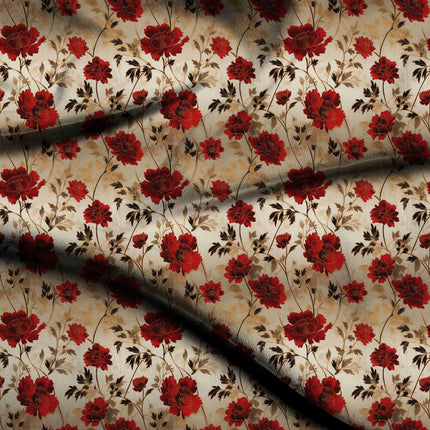 crimson red floral digital print fabric texture — medium scale closeup