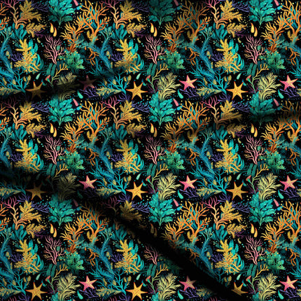 teal green tropical digital print fabric texture — medium scale closeup
