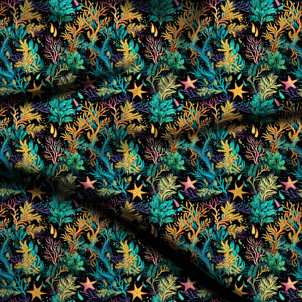 Midnight Black Vibrant Underwater Coral Garden Print Fabric