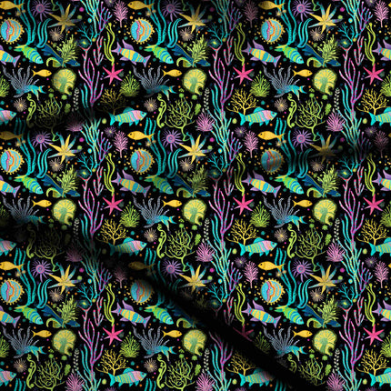 teal tropical digital print fabric texture — medium scale closeup