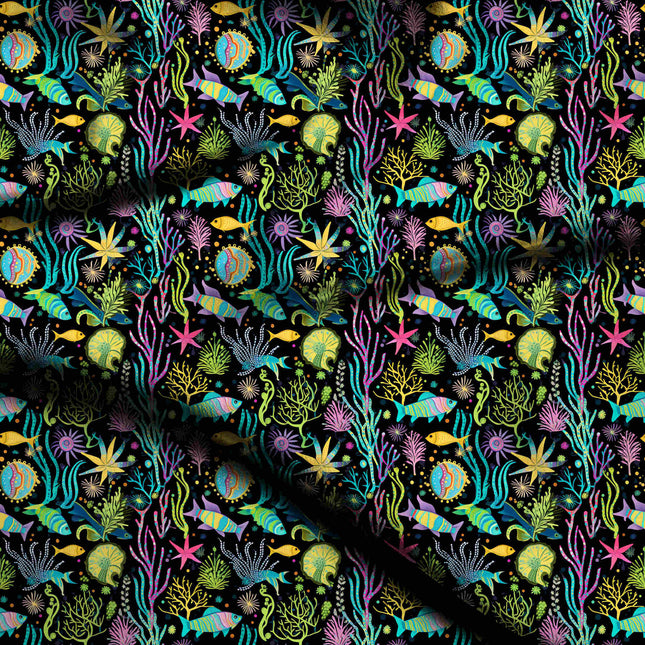teal tropical digital print fabric texture — medium scale closeup