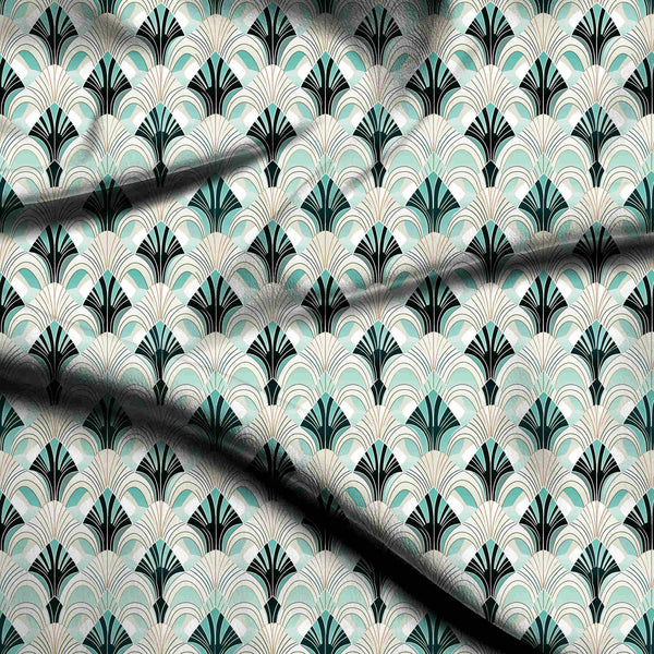 Teal Art Deco Geometric Fan Motif Print Fabric