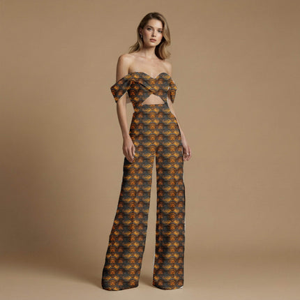 burnt sienna floral print fabric draped — palazzo suit styling