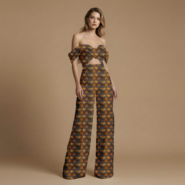 burnt sienna floral print fabric draped — palazzo suit styling