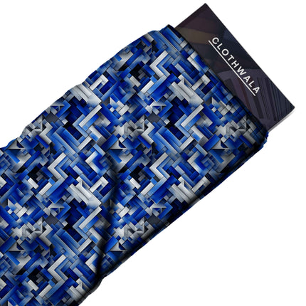 cobalt blue geometric all-over print pattern — medium scale repeat layout