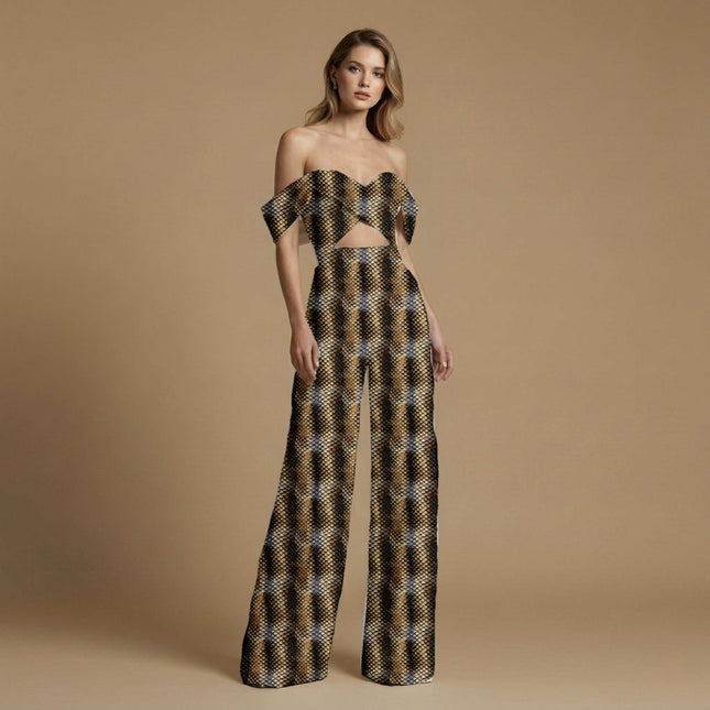 espresso brown animal print fabric draped — palazzo suit styling