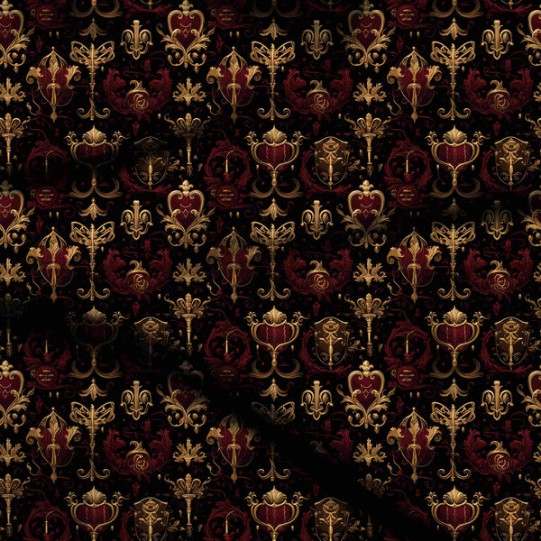 Burnished Gold Ornate Baroque Crests And Keys Print Fabric