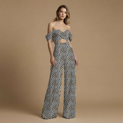 jet black animal print fabric draped — wide-leg trousers styling