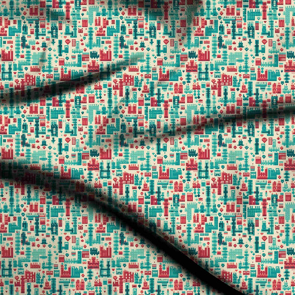 Teal Stylized pixelated industrial cityscape geometric Co-ord Set Fabric