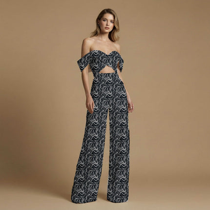 jet black abstract print fabric draped — co-ord set styling