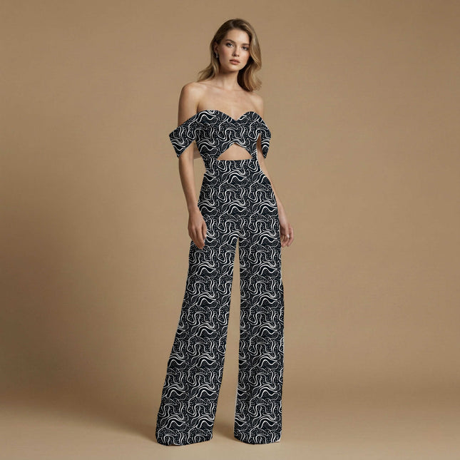 jet black abstract print fabric draped — co-ord set styling