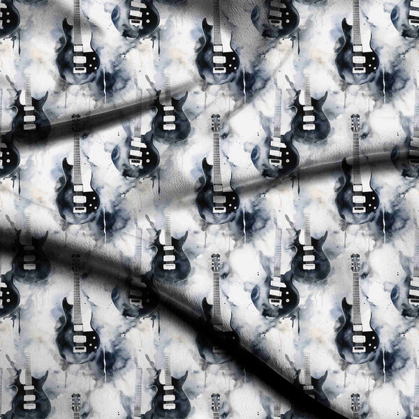 Charcoal Monochromatic Electric Guitar Watercolor Drip Print Fabric