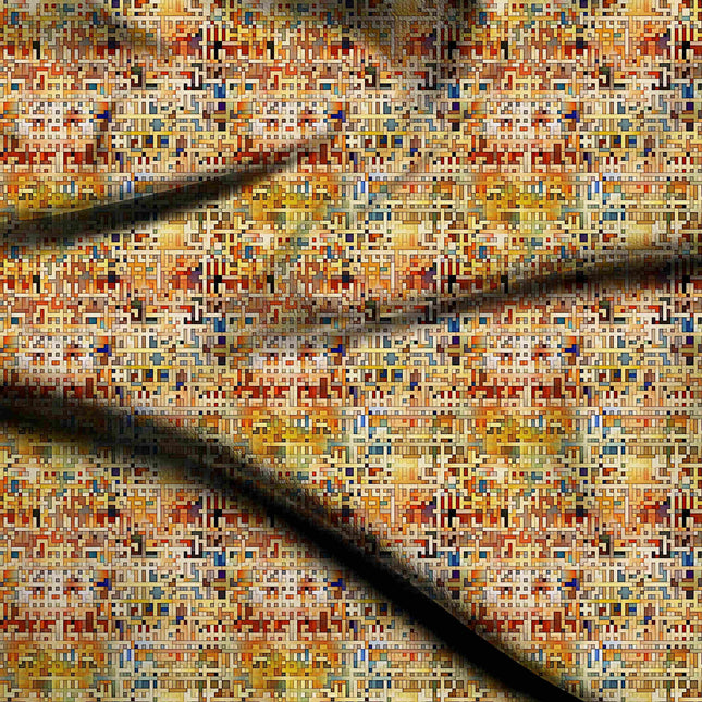 ochre yellow geometric print fabric draped — trousers styling