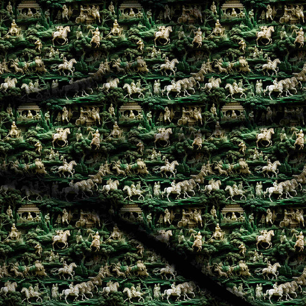 Forest Green Intricate Carved Figures Print Fabric