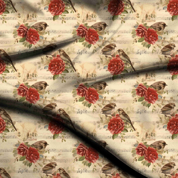 Ivory Cream Vintage Sparrows And Crimson Roses Print Fabric