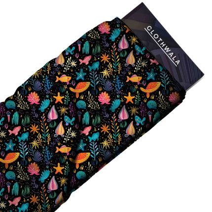 marigold orange tropical all-over print pattern — medium scale repeat layout