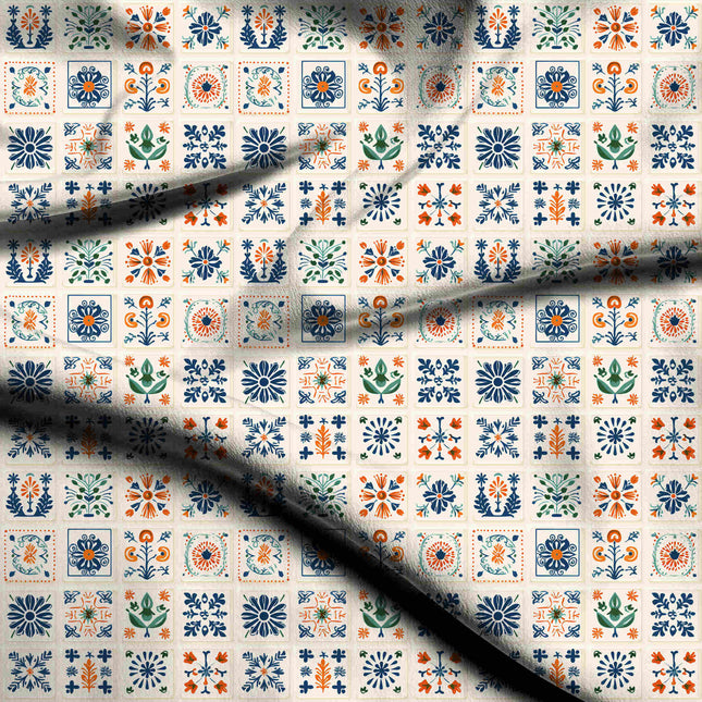 cobalt blue ethnic digital print fabric texture — medium scale closeup
