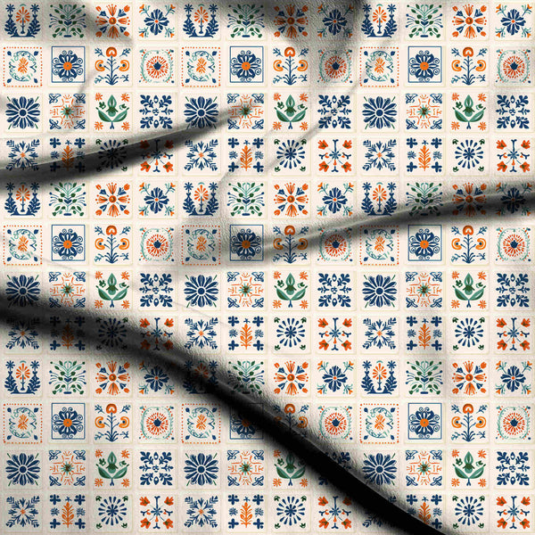 Cobalt Blue Tiled Grid Print Fabric