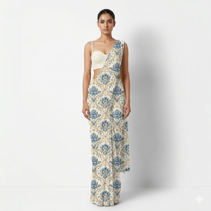 Ivory Cream Floral Digital Print Fabric for Gown | Artistic Resort Wear - Image 9