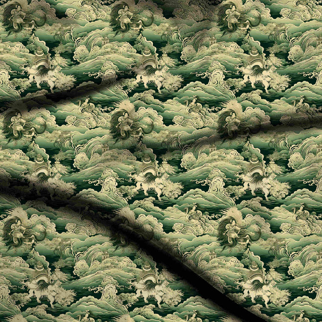 forest green ethnic digital print fabric texture — large scale closeup
