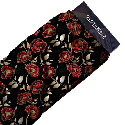 jet black floral fabric detail — glossy finish digital print closeup