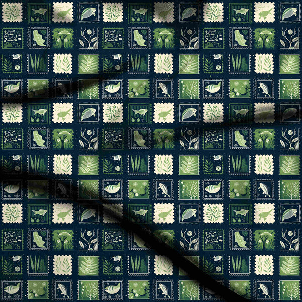 Forest Green Stylized Fish And Botanical Stamps Print Fabric