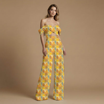 ochre yellow floral all-over print pattern — large scale repeat layout