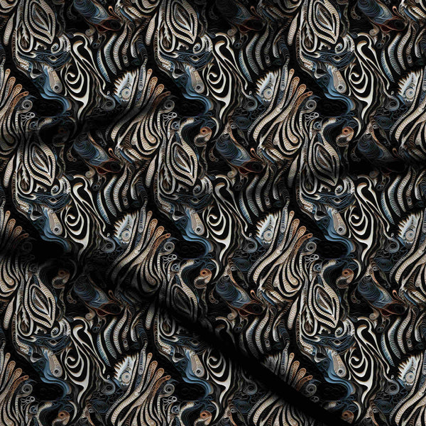 Jet Black Intricate 3D Layered Biomorphic Swirl Print Fabric