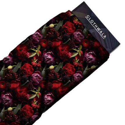 crimson red floral fabric detail — matte finish digital print closeup