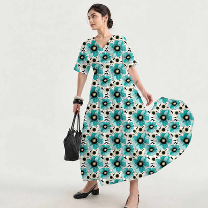 Teal Blue Floral Digital Print Fabric for Dress | Abstract Luxe Wear - Image 8