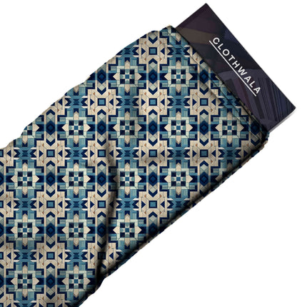 cobalt blue geometric fabric detail — matte finish digital print closeup