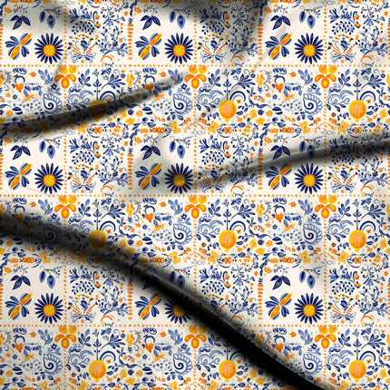 cobalt blue ethnic digital print fabric texture — medium scale closeup
