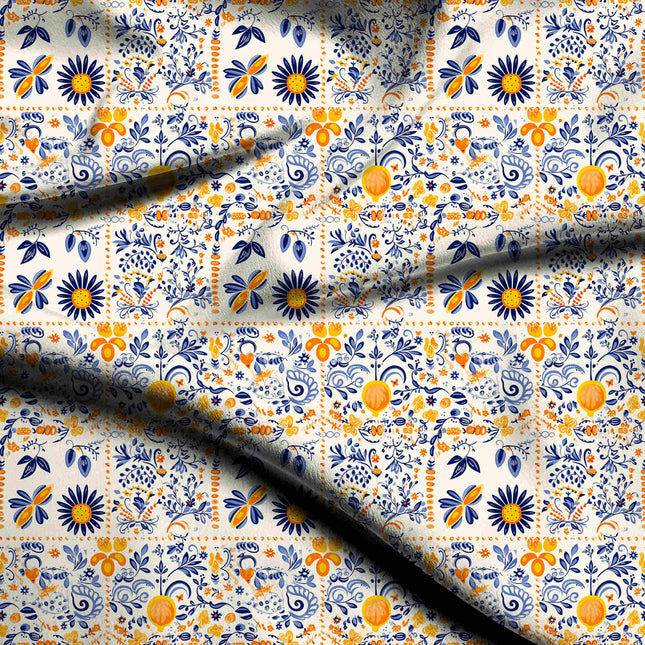 cobalt blue ethnic digital print fabric texture — medium scale closeup