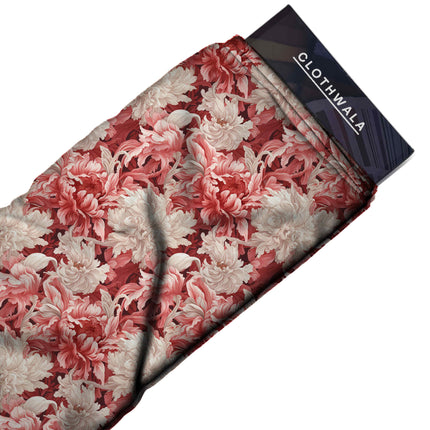 crimson red floral print fabric draped — dupatta styling